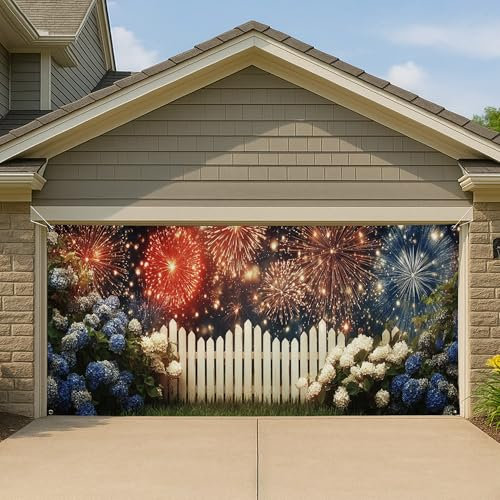 Housse de porte de garage avec motif d'hortensia et de feux d'artifice, décoration festive, paysage vif, grande bannière, vacances d'été, toile de fond pour fête en plein air, 397 x 180 cm