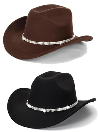 Tefrine 2 cappelli da cowboy occidentali per uomo donna classico Fedora cappello con fibbia cintura nero