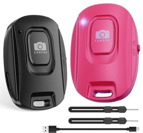 VYVIYON Telecomando Bluetooth per fotocamera iPhone e smartphone Android, telecomando wireless ricaricabile, pulsante selfie per foto e video, cavo di ricarica incluso, confezione da 2, nero e rosa