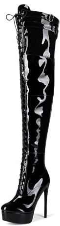 Veelau Meieer - Stivali da donna con plateau, stiletto, sopra il ginocchio, con cerniera, tacco alto, con cinturino, neri, 47 EU