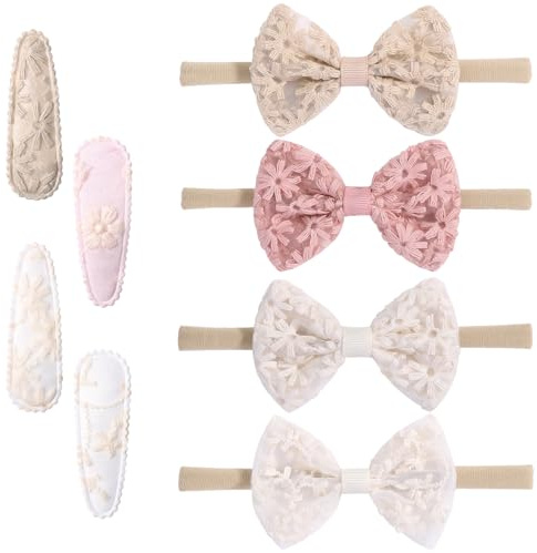 Set di 8 Fasce e Fermagli per Capelli Neonata, Morbide Fasce con Fiori per Bambine (Stile 1)
