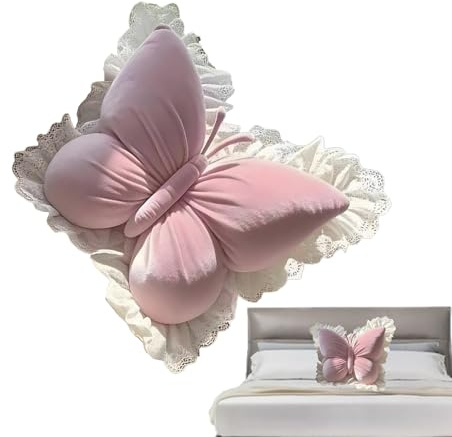 Fjärilskudde – mjuk sittkudde för bäddsoffa | plysch fylld sittdyna med spetskant, dekorativ prydnadskudde för sovrum skrivbord födelsedag halloween jul, 45 x 40 cm beige rosa lila