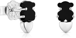 TOUS Pendientes de Plata de Primera Ley con Motivo Oso en Ónix de 5mm para Mujer, Colección Mini Color