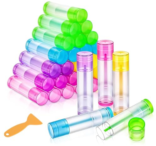 TMZELOA 30 Stick Burrocacao Vuoti 5g, Tubi Labbra Riutilizzabili in Plastica PP Inodore, Ideali per Burrocacao Fai da Te, Leggeri e Portatili, 5 Colori con Spatole