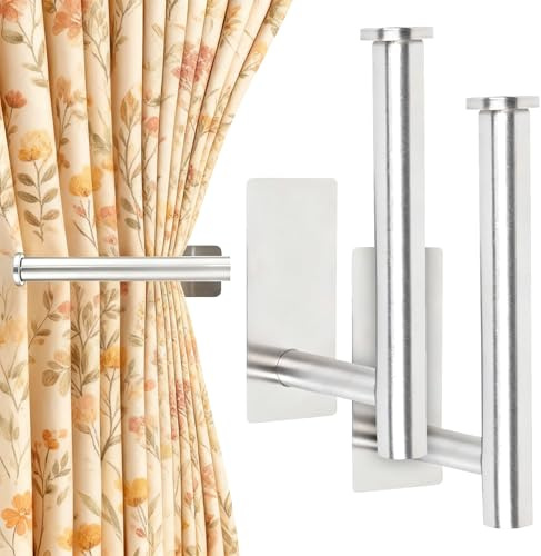 2Pcs Self Adhesive Curtain Holdbacks, No Drill Curtains Tie Backs Hook Wall Mounted Self Adhesive Curtains with Hooks Ideal Curtain Holders for Home Living Room Bedroom Bathroom Drapery (Silver)