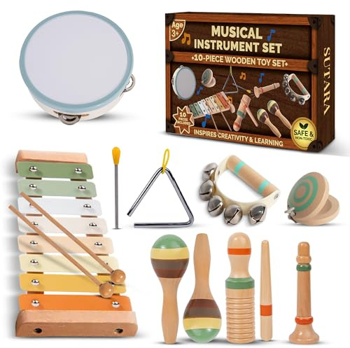 Sutara 10-Piece Wooden Musical Instruments for Kids - Montessori Toys Set with Xylophone for Kids, Baby Maracas, Kids Drum, and Tambourine - Natural Wooden Toys Kids