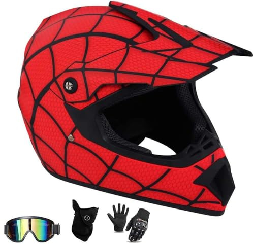 Enfants et Adolescents Casque Motocross Red/Black Stripes Casque de MTB à Visage Complet Set avec des Gants de Masque de Lunettes, pour la Descente MX AVT Moto Bike (Red,S)