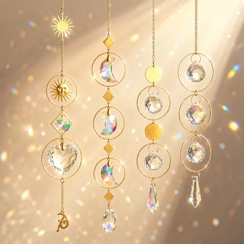 Atrapasoles de Cristal 4 Piezas, Suncatcher Colgante con Luna Sol Estrella y Corazón, Sun Catcher Prisma Arcoíris para Ventana Jardín Hogar Decoración