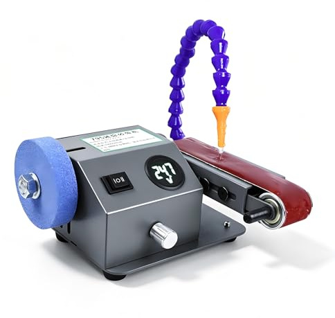 RKXKJ Afilador De Cuchillos Eléctrico para Uso En Seco Y Húmedo, Mini Amoladora De Banda De 350 W, Velocidad Variable Continua (0-13000 RPM), Pantalla Digital, 10 Bandas De Lijado