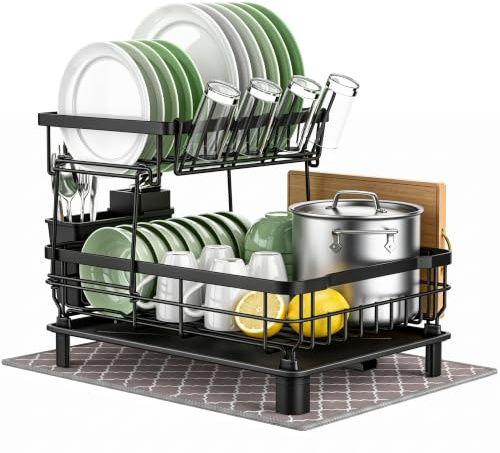 2 Tier Dish Drainer Rack with Drip Tray and Absorbent Mat, for Kitchen | Large Capacity, Rust-Resistant Powder-Coated Iron Kitchen Drainer, Space-Saving, Large Dish Rack for Plates, Cups and Cutlery