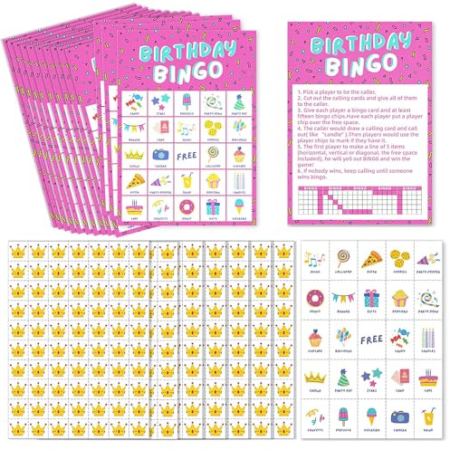 33Pcs Birthday Bingo Cards Set, Birthday Bingo Cards for Intellectual Development, 24 Player Card with Calling, Marking & Game Instructions Card, Party Style Bingos Sheets for Gathering, Travel & Home
