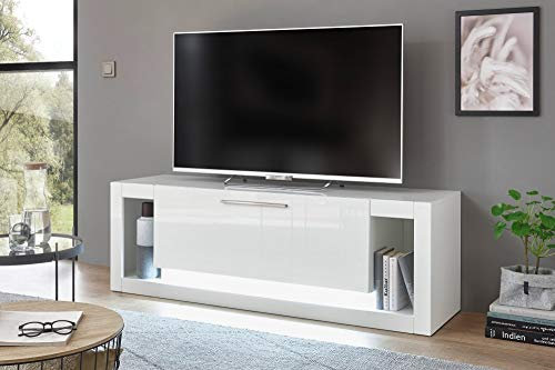 Lowboard Mats weiß tiefzieh Hochglanz 150x49x43 Sideboard Board Stauraumelement Kommode Wohnzimmerschrank Regal Stauraum Regalboard Standboard Größe mit Beleuchtung