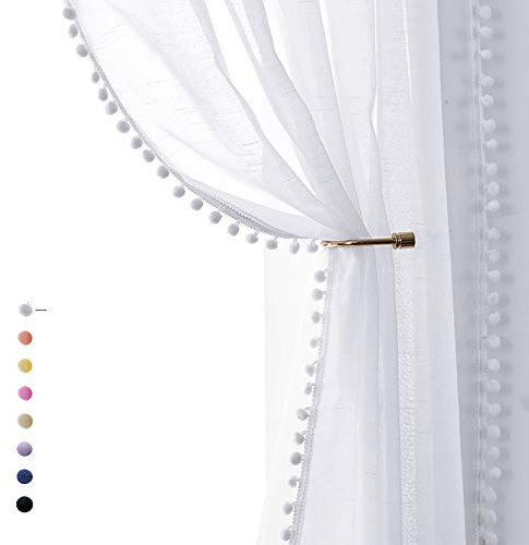 Snow White Sheer Curtains 52 x 90 Inch Bedroom Decorative Pompom Trimmed Voile Window Curtain for Living Room Light Weight Linen Look Solid Pencil Pleat Curtains for Apartment/Hotel Dorm 2 Panels
