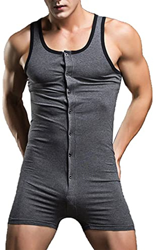 MSemis Body Camiseta Manga Corta Para Hombre Body Ajustado Entrepierna de Algodón Mono Elásico Slim Fit Ropa de Dormir D Gris Oscuro XL