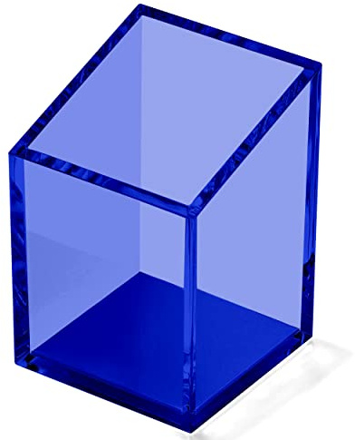 OfficeGoods Acrylic Pen & Pencil Holder - Modern Trapezoid Design - Beautiful Desk Organizer for Home or Office - Contrasting Metal Base - 3 Square w/ 3.5 Front & 4.5 Back - Blue