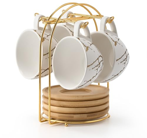 LUKA Ceramic Demitasse Espresso Cups Set with Saucers and Metal Stand, 8 oz Porcelain Stackable Cappuccino Cups Teacup For Tea, Espresso, Latte, Coffee, Cafe Mocha, Set of 4, White
