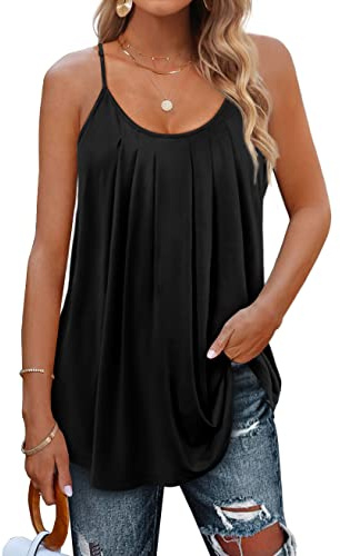 Aokosor Womens Vest Tops for Women UK Summer Adjustable Spaghetti Straps Ladies Pleated Sleeveless Tank Ladies Tops Size 14-16 Black