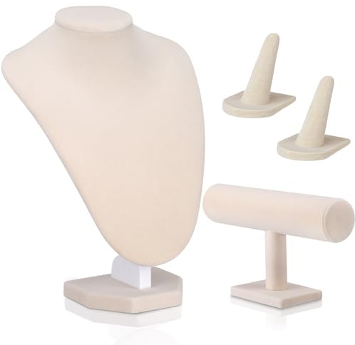 Wenqik 4 Pcs Velvet Jewelry Display Set Velvet Necklace Bust Holder Bracelet Organizer 2 Ring Finger Jewelry Holder(Linen Color)