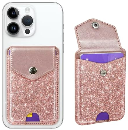 Yiyahu Self Adhesive Card Holders for Back of Phone, Cute Leather RFID Phone Wallet Pockets with Snap, Slim Card Holders Sleeve for Phone Case, Glitter Rose Gold