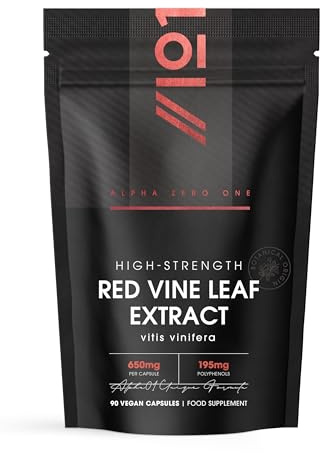 Red Vine Leaf Extract 650mg - 30% Polyphenols (195mg) Equivalent to 9,750mg Red Vine Leaf - 90 Vegan Capsules - Resealable and Recyclable Pouch – By Alpha01