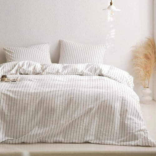 Lanqinglv Bettwäsche 200x200 cm Gestreift Weiß Schwarz Streifen Muster,ÖkoTex Zertifiziert & für Allergiker Geeignet, 1 Bettbezügen & 2 Kissenbezügen 80x80