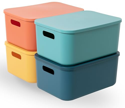 HapiLeap Storage Boxes With Lids, Stackable Plastic Storage Baskets for Shelves Kitchen Bathroom Playroom Classroom Office Nursery (Medium (4 PCS))