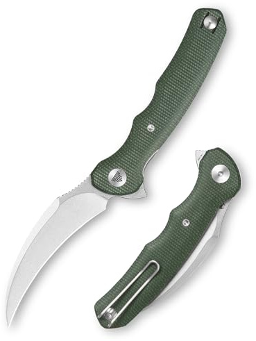 TRIVISA knives - Lacerta-04G |Hawkbill Folding Knife for Men, EDC Pocket Pikal Knife with Reversible Wire Clip, 3.34 Stone Wash 14C28N Steel Flipper Blade & Micarta Handle