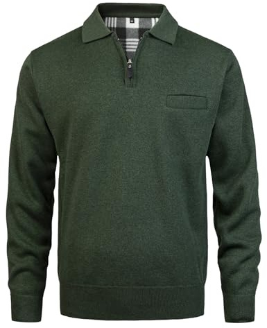 Yukirtiq Pull Polaire pour Homme Manches Longues Sweat Pull À Col Polo avec Fermeture Eclair sous-Pull zippé Polaire Pullover en Tricoté d'hiver avec Poche, Vert, XL