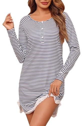 Uniexcosm Camicia da Notte Donna Cotone Manica Lunga A Righe Camicia Notte Donna Girocollo con Bottoni con Bordi in Pizzo Blu Navy S