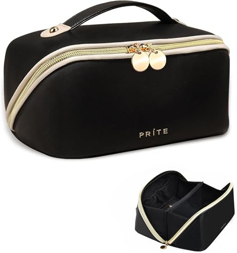 Prite Große Kapazität Kosmetiktasche Tragbare Reise Make Up Tasche wasserdichte PU-Leder Schminktasche oder Kulturbeutel mit Transparente Trenner und Griff(Schwarz L)