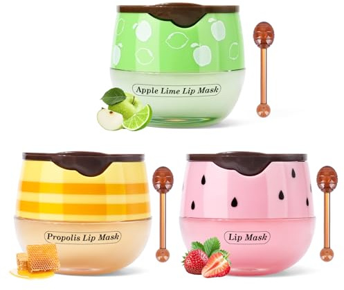 KYDA 2 Pcs Honey Lip Mask Set, Propolis Moisturizing Lip Mask for Day&Night Care, Lighten Dark Reduce Lines&Wrinkle, Repair Exfoliator (Honey+Strawberry+Apple Lime)