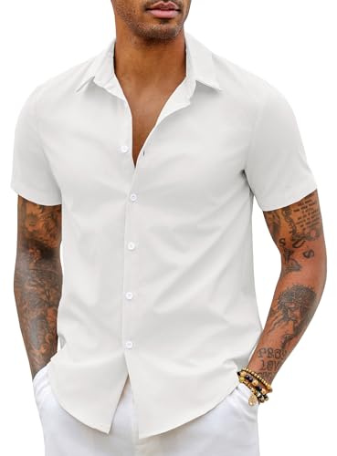 COOFANDY Camicia Uomo Manica Corta Estate Elasticizzata Slim Fit Camicia Casual Easy-Iron Camicie Business Elegante Tinta Unita S-5XL Bianco M