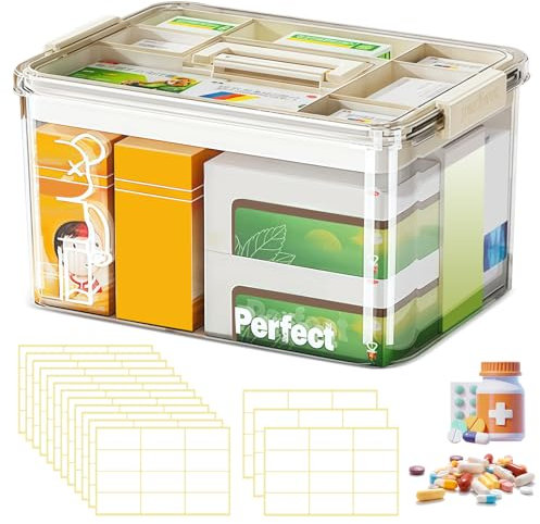 Mapille Medikamenten Aufbewahrung, 32x22x17cm Medikamentenbox Groß Medizinbox Doppelschichtig mit 15 Pcs Aufkleberetikett Hausapotheke Medikamenten Box Kunststoff Medicine Erste Hilfe Box für Zuhause