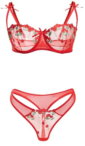 Poo4kark Ensemble Soutien-Gorge et nœud brodés Style français pour Fille, sous-vêtements Sexy en Maille Fine (Red, L)