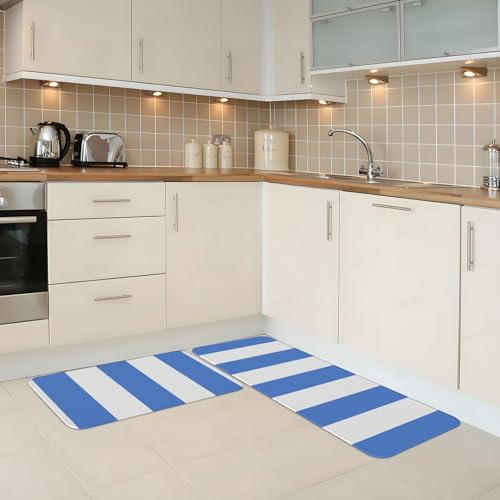 Mexpekil Set di 2 tappeti da cucina a righe blu e bianche, antiscivolo, anti-affaticamento, tappetini lunghi, per casa e ufficio