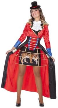 My Other Me - Disfraz Domadora Mujer, talla XL. Incluye vestido multicolor con detalles dorados, falda con impresión de tigre enjaulado, pecherín con volantes y tocado de sombrero negro.