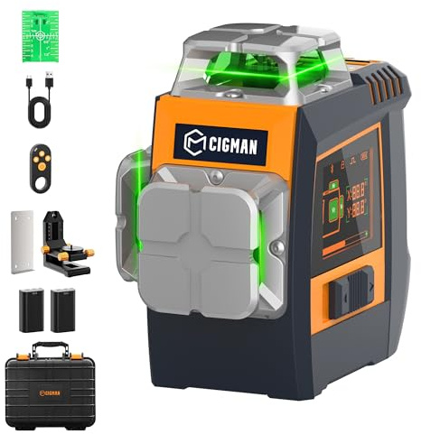 CIGMAN Gesture-Control Laser Level with Side Screen Display, 3×360° Green Self-Levelling Lines, Hand-Gesture Line & Brightness Control, Strobe Mode, 2 Li-ion Batteries, Bluetooth App Remote
