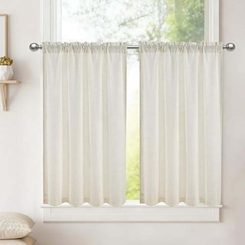 DWCN Fönstergardiner moderna linne, naturliga gardiner H 90 x 60 cm, 2 stycken, kort, halvtransparenta köksgardiner för bistrogardin, badrum, skåpgardin, balkong, fönstergardiner, lantlig stil