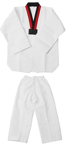 Alomejor Karate Uniform, Kids White Taekwondo Uniform Cotton Karate Suit with Black Red Collar for Training and Competition Beginners and Professionals