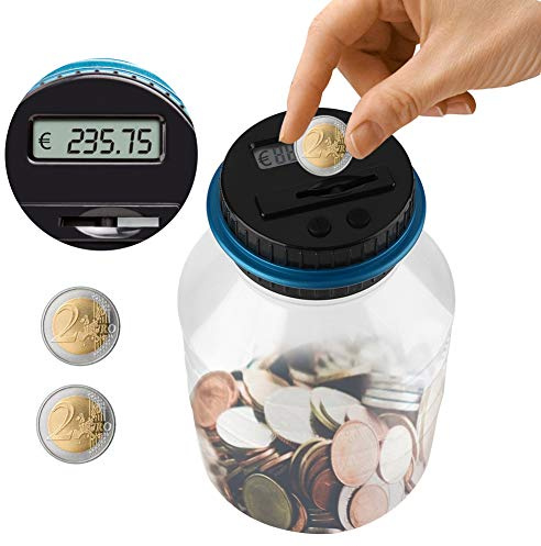 HEEPDD Digital Pengaburk med LCD-skärm Mynträknare ABS PC Euromyntsparande Pott 1,8 Till 2,0L Infällbar Design Manuell Justering för Barn Vuxna Hemmakontor
