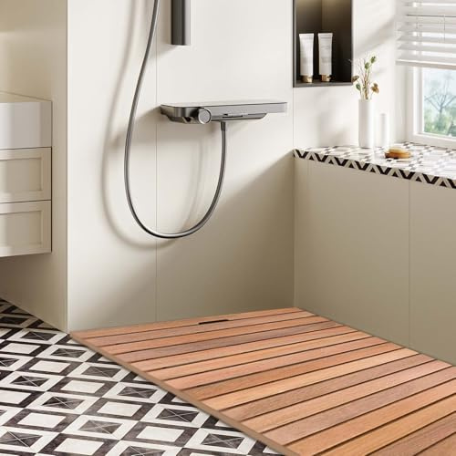 Badmatta i naturligt trä – halkfri dusch, bastu och spa-golvmatta, modern ankbräddekor för badkarstrappa (70 x 40 cm/28 x 16 tum) – vattentålig och miljövänlig