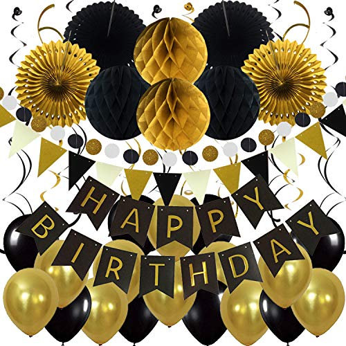 ZERODECO Geburtstag Dekoration, Happy Birthday Banner Wabenbälle und Fächerdekoration Papier Girlande Fächer Dreieckige Wimpel Spiral Girlanden und Luftballon - Schwarz, Gold und Grau