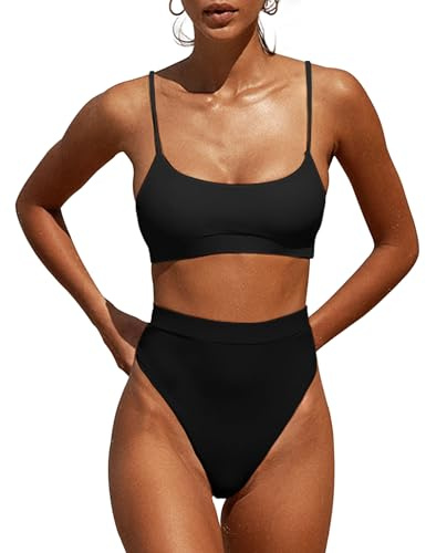 MELYUM High Waisted Bikini Sets for Women Two Piece Swimsuit Tummy Control Bathing Suit Cheeky Bottoms Push Up Top Black