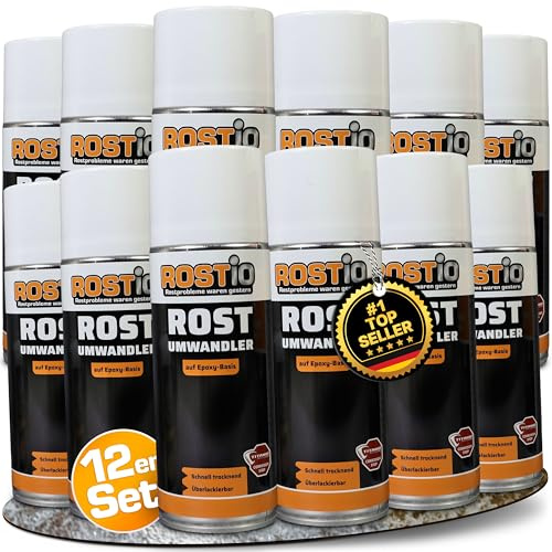 ROSTIO Rostumwandler Spray 12x 400 ml – Rostkonverter & Korrosionsschutz – Rostentferner farblos – überlackierbar nach ca. 120 Min – Epoxidharz-Basis – temperaturbeständig bis 180 °C