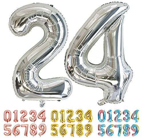 Ponmoo Foil Balloon Number 24/42 Silver, Giant Numbers 0 1 2 3 4 5 6 7 8 9 10-19 20-29 30-39 40-49 50-60-70-80-90-100, Large Balloons for Wedding Anniversary Birthday Party Decoration
