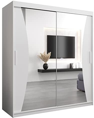 MEBLE KRYSPOL Kleiderschrank mit Spiegel Monaco - Garderobenschrank - Schrank Schlafzimmer - Mehrzweckschrank Zwei Schiebetüren - Regalen - Flur Möbel - Kleiderstange Schrank - Allzweckschrank