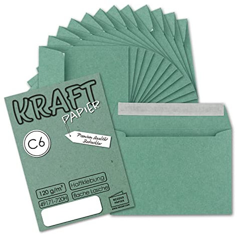 50x Briefumschläge DIN C6 Kraftpapier - Eukalyptus (Grün) - Vintage Recycling Kuverts mit Haftklebung - 120 g/m² - 114 x 162 mm