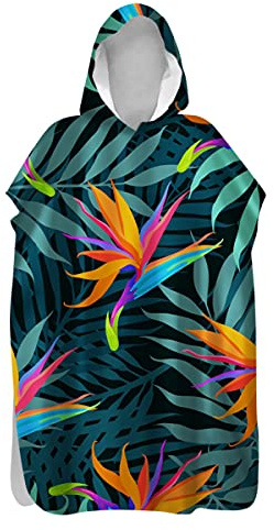 Treer Serviette Poncho Adulte Microfibre Séchage Rapide Poncho à Capuche Plage Surf, Serviette à Changement Peignoir Piscine Robe de Bain pour Homme et Femme (Feuille Strelitzia,80x145cm)