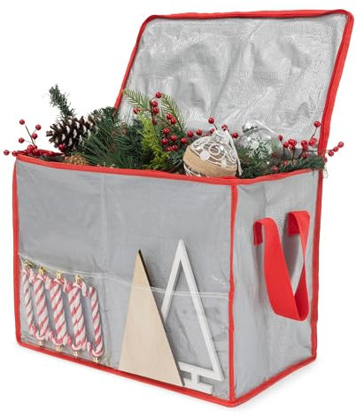 Christmas Village Durable Storage Bag with Pockets for Lights Baubles Tinsel Wrapping Paper Bows Wreath Artificial Decorations Xmas Organiser with Divider & Handles