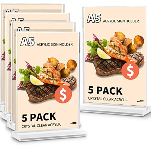 OSIMIG Tischaufsteller DIN A5 Acryl Aufsteller 5 Stück, A5 T-Ständer mit Sockelboden Werbeaufsteller Glasklar Acryl, Menükartenhalter für Restaurant, Fotos, Büro, Cafe, Shop
